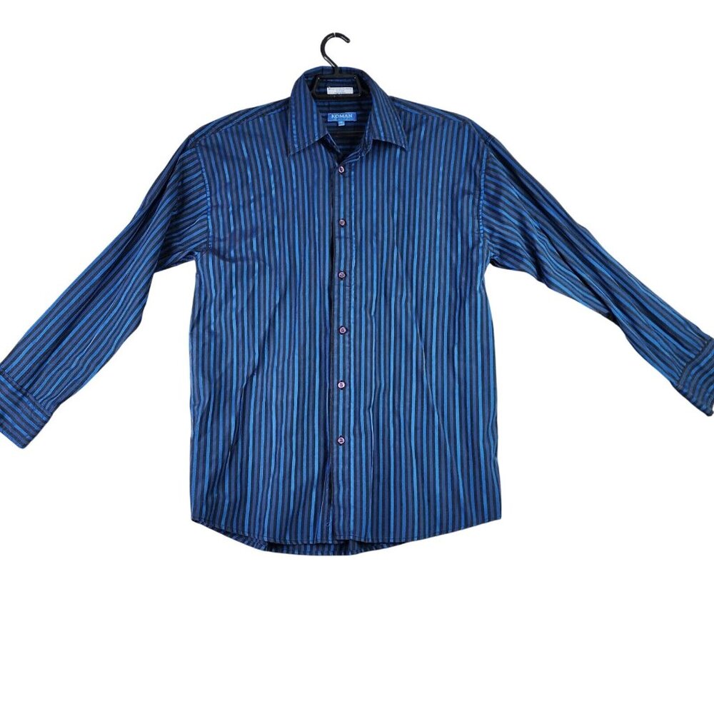 Mens Koman Shirt Button Down Black Blue Striped Long Sleeve Size XXL